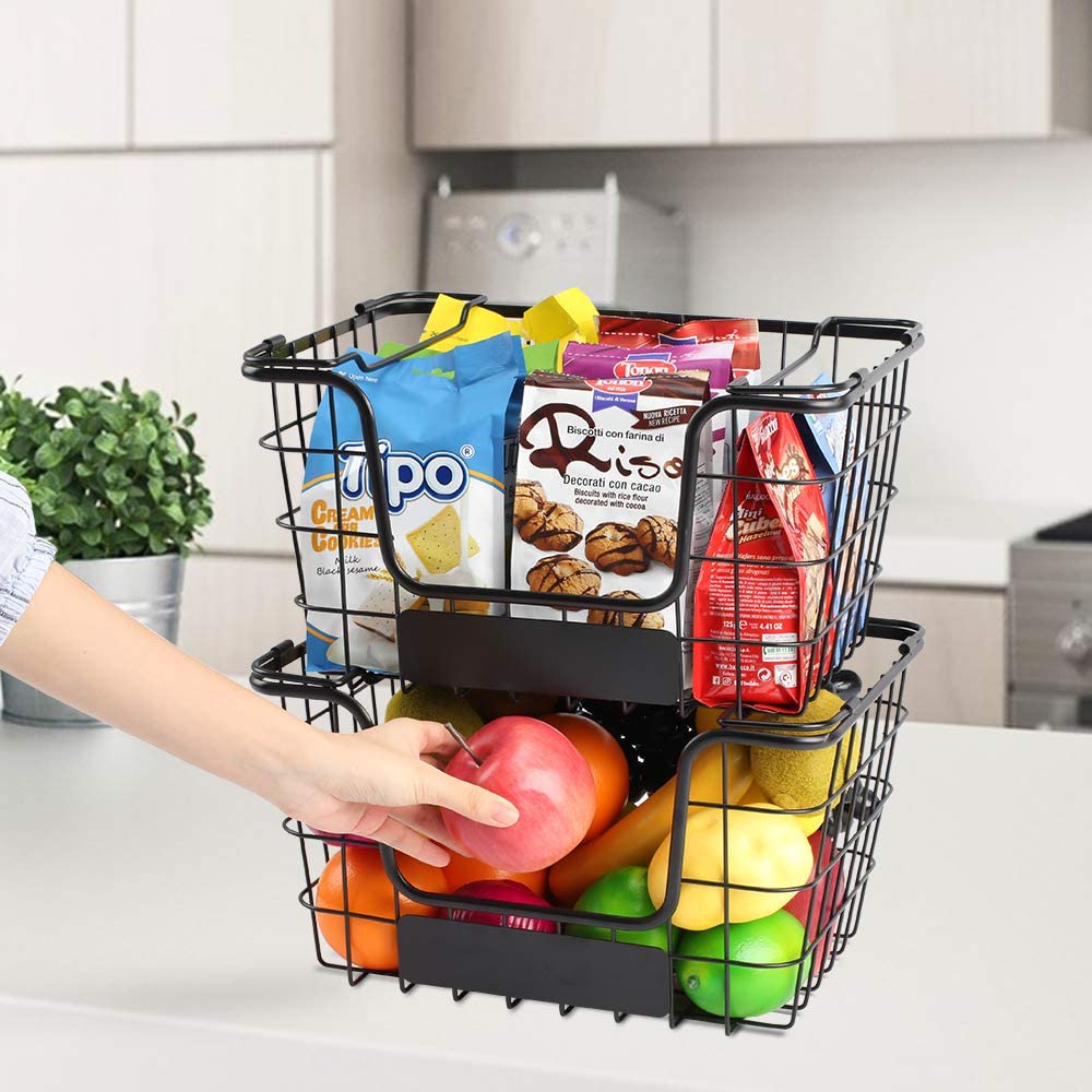 2PK-Stackable Wire Baskets XXL Produce Fruit Basket Vegetable Bins with Handles Freezer Metal Baskets for Kitchen Cabinets, Pantry, Closets, Bathrooms-Black
