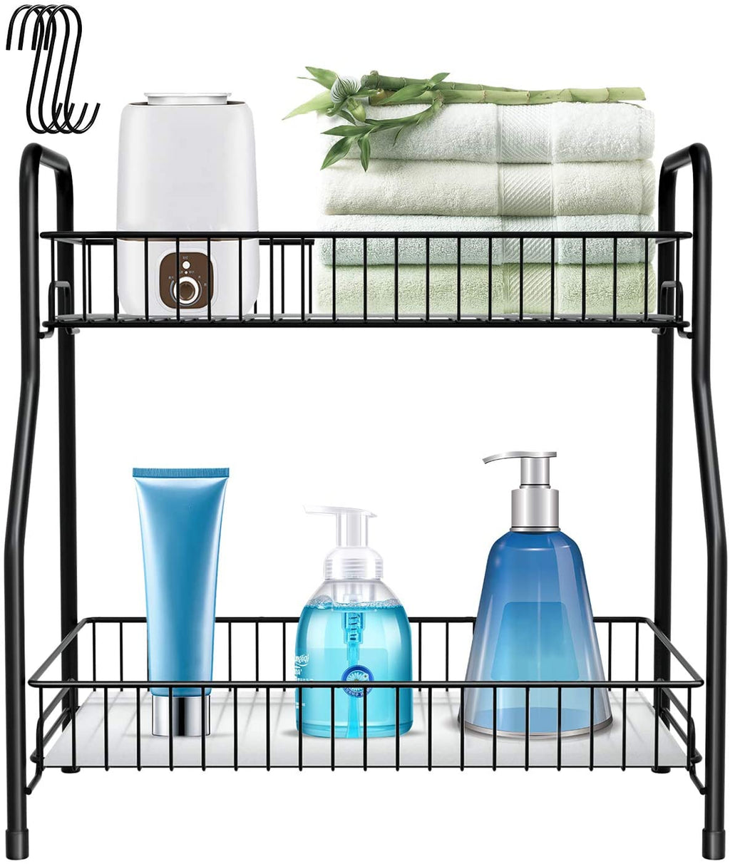 Bathroom Counter Organizer 2 Tier Countertop Storage Shelf Freestanding with Shelf Liner Kitchen Spice Rack Organizer with 4 Hooks -Black