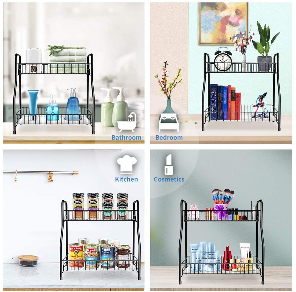 Bathroom Counter Organizer 2 Tier Countertop Storage Shelf Freestanding with Shelf Liner Kitchen Spice Rack Organizer with 4 Hooks -Black