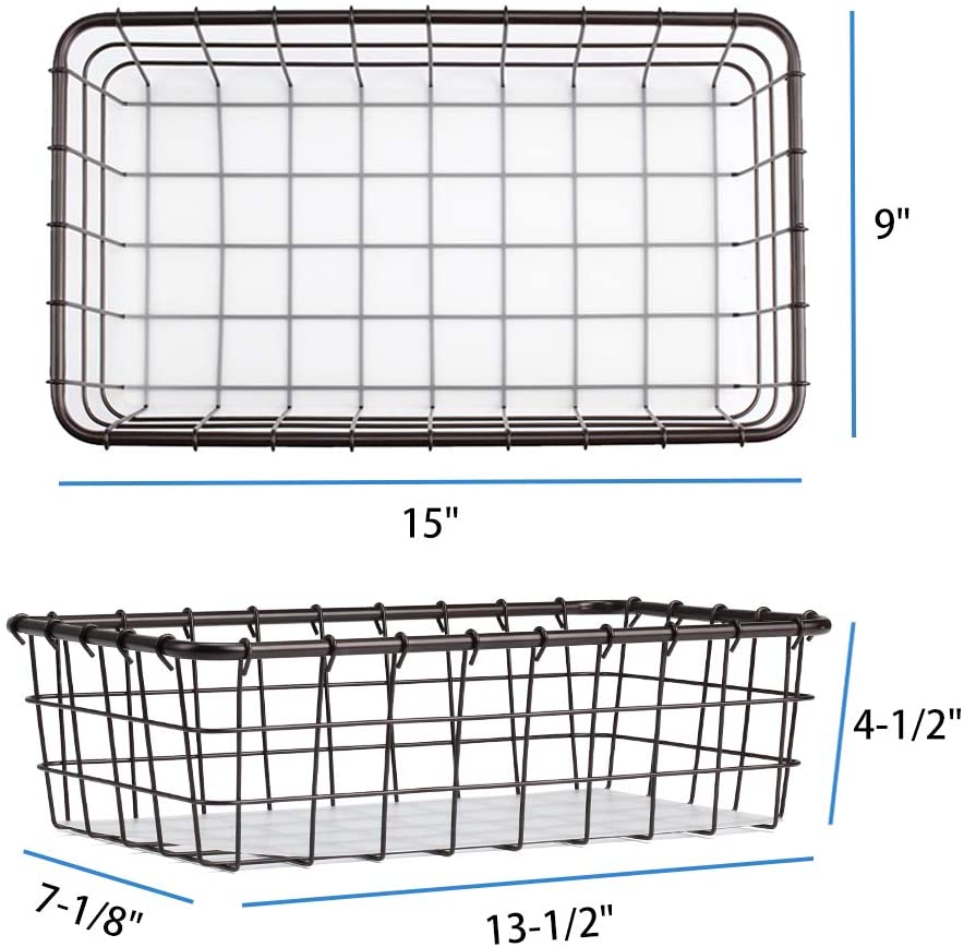 2PK-Wire Storage Basket for Kitchen Pantry Bathroom Large Metal Farmhouse Food Fruit Produce Organizer Bins for Cabinet Freezer Shelves-Bronze