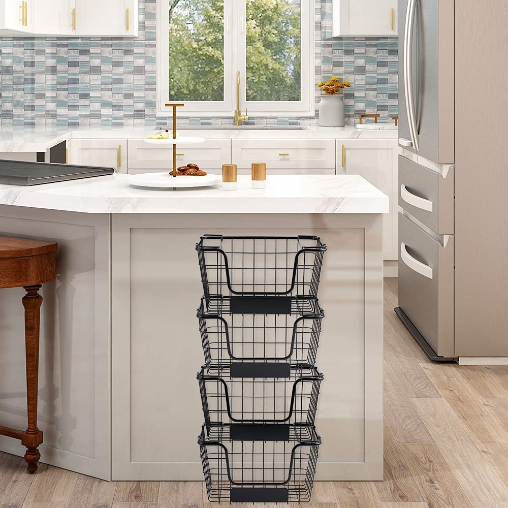 4PK-Stackable Wire Baskets XXL Fruit Vegetable Produce Baskets with Handles for Kitchen Countertop Metal Food Storage Bins for Pantry, Freezer, Bathroom-Black
