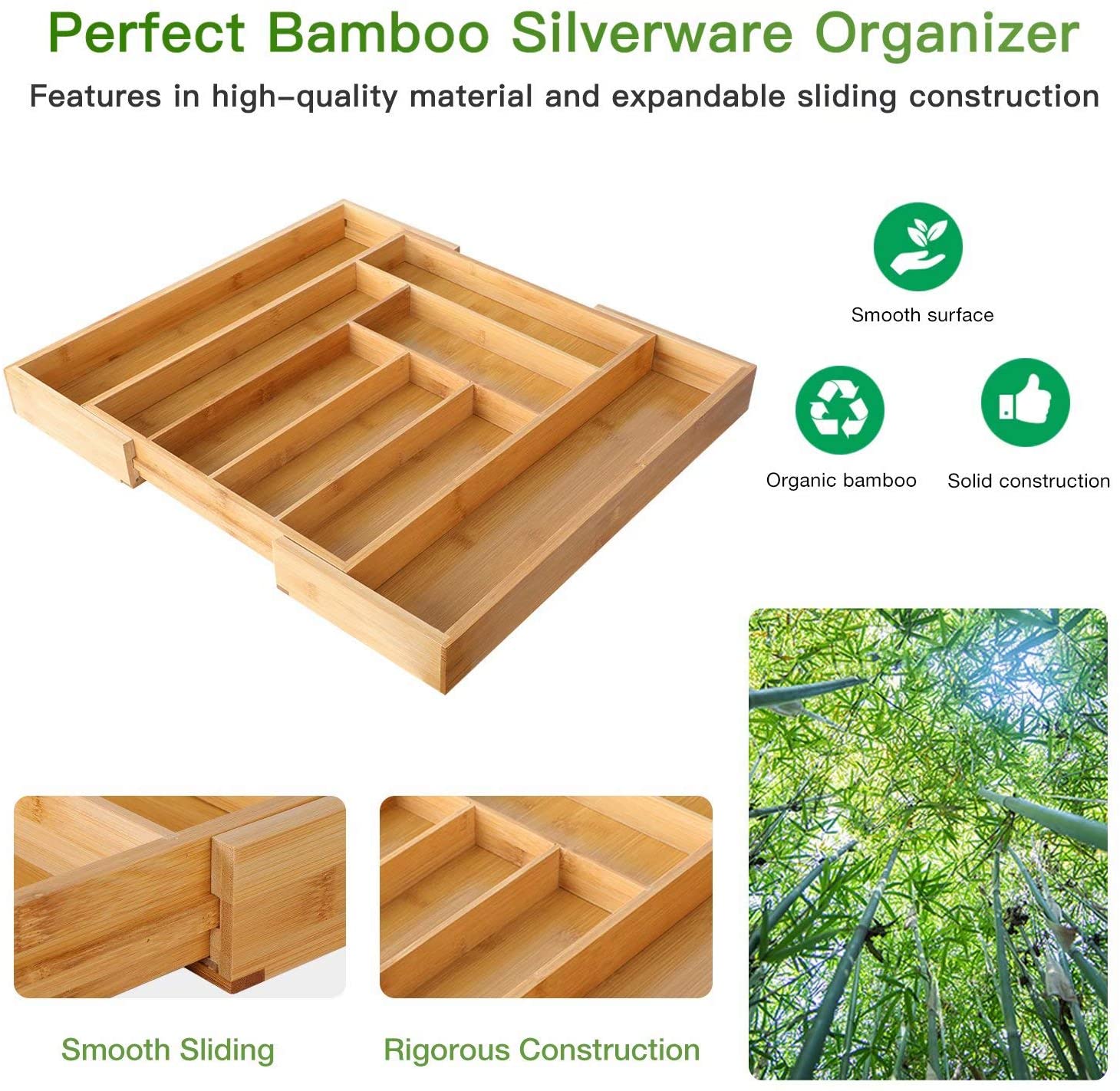 amboo Expandable Drawer Organizer for Utensils Holder, Adjustable Cutlery Tray, Wood Drawer Dividers Organizer for Silverware, Flatware, Knives in Kitchen, Bedroom
