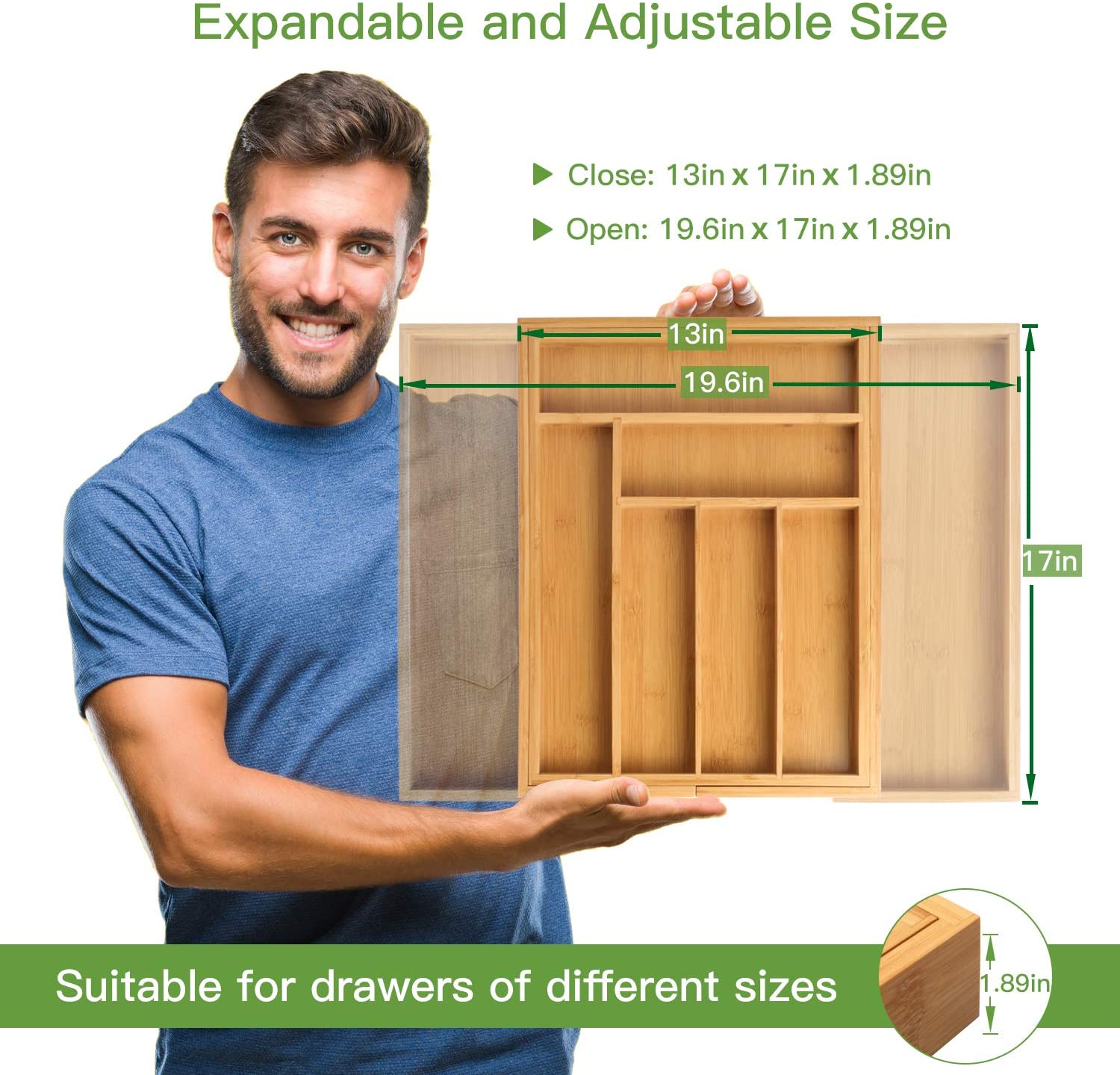 amboo Expandable Drawer Organizer for Utensils Holder, Adjustable Cutlery Tray, Wood Drawer Dividers Organizer for Silverware, Flatware, Knives in Kitchen, Bedroom