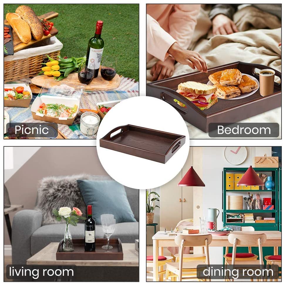 Wooden Tray Rectangle Rustic Coffee Table Tray Butler Serving Tray with Handle for Coffee Table Ottoman Eating and Food Drink Serving with Handle 16x12 inch