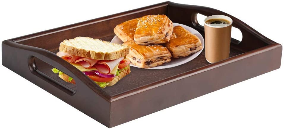 Wooden Tray Rectangle Rustic Coffee Table Tray Butler Serving Tray with Handle for Coffee Table Ottoman Eating and Food Drink Serving with Handle 16x12 inch