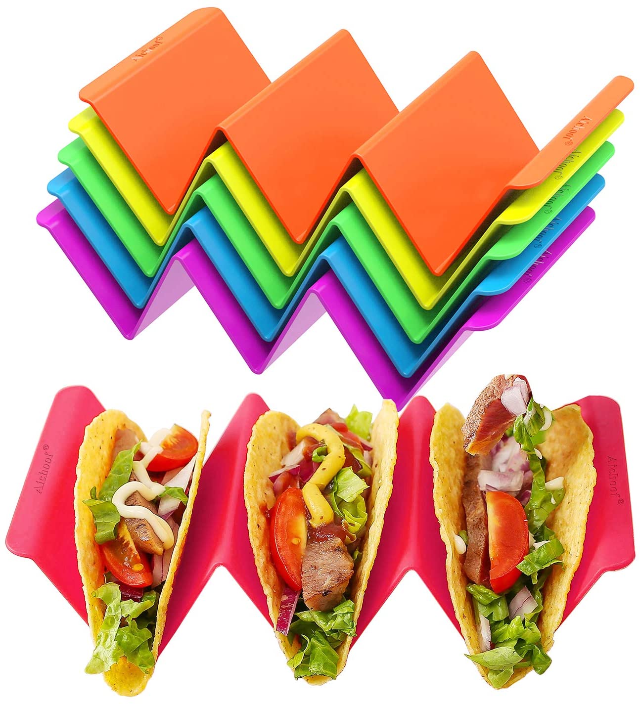 Colorful Taco Holder Stands Set of 6 - Premium Large Taco Tray Plates Holds Up to 3 or 2 Tacos Each, PP Health Material Very Hard and Sturdy, Dishwasher & Microwave Safe