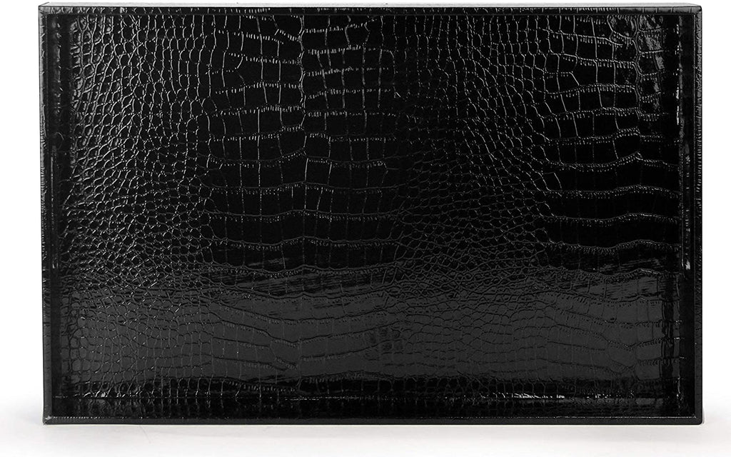 Beautiful Modern Elegant Black 18"x12" Rectangle Glossy Alligator Croc Decorative Ottoman Coffee Table Perfume Living Dining Room Kitchen Serving Tray With Handles By Home