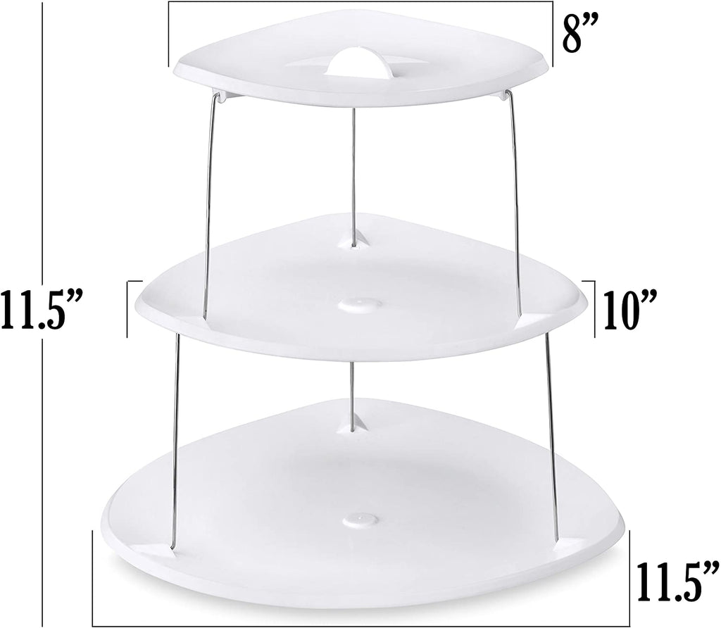 Collapsible Party Tray, 3 Tier - The Decorative Plastic Appetizer Trays Twist Down and Fold Inside for Minimal Storage Space. An Elegant Tray for Serving Sandwiches, Cake, Sliced Cheese and Deli Meat