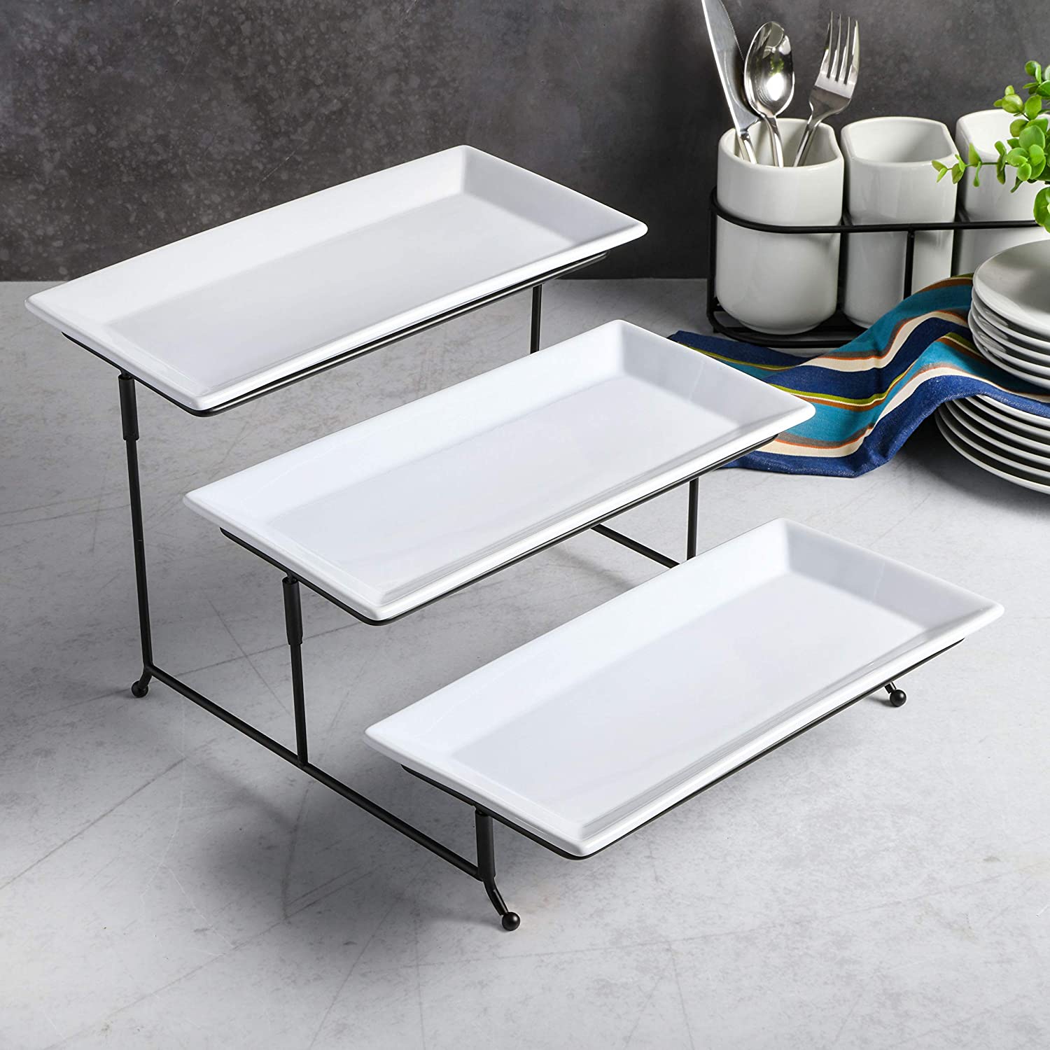 Gracious Dining Dinnerware, 3-Tier Rectangle Plate Set with Metal Stand, White