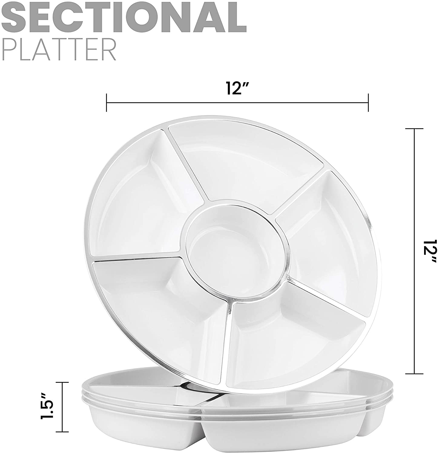 6 Sectional Round Plastic Serving Tray, Size: 12 inch, Color: White/Silver, Pack of 4