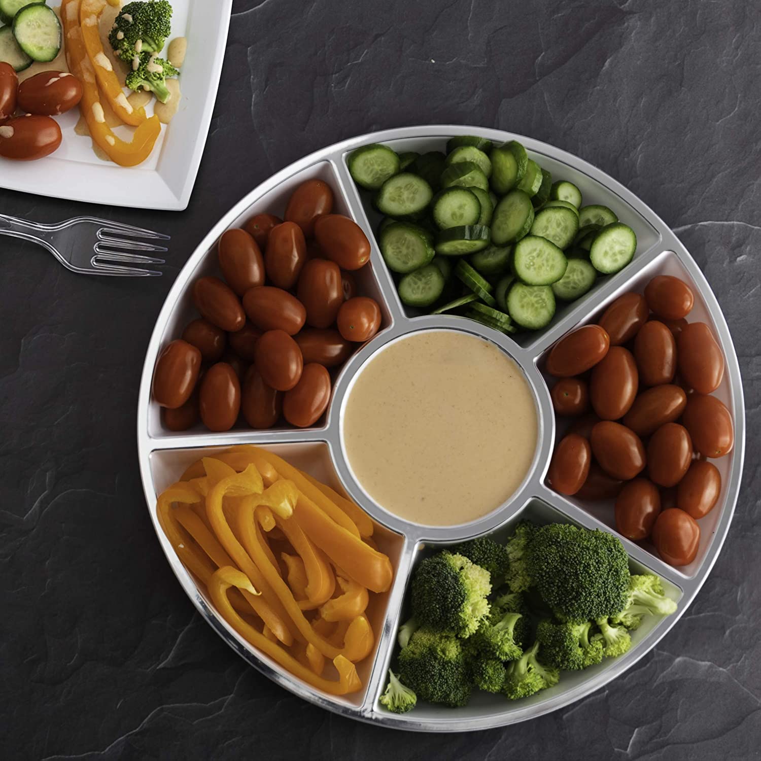 6 Sectional Round Plastic Serving Tray, Size: 12 inch, Color: White/Silver, Pack of 4