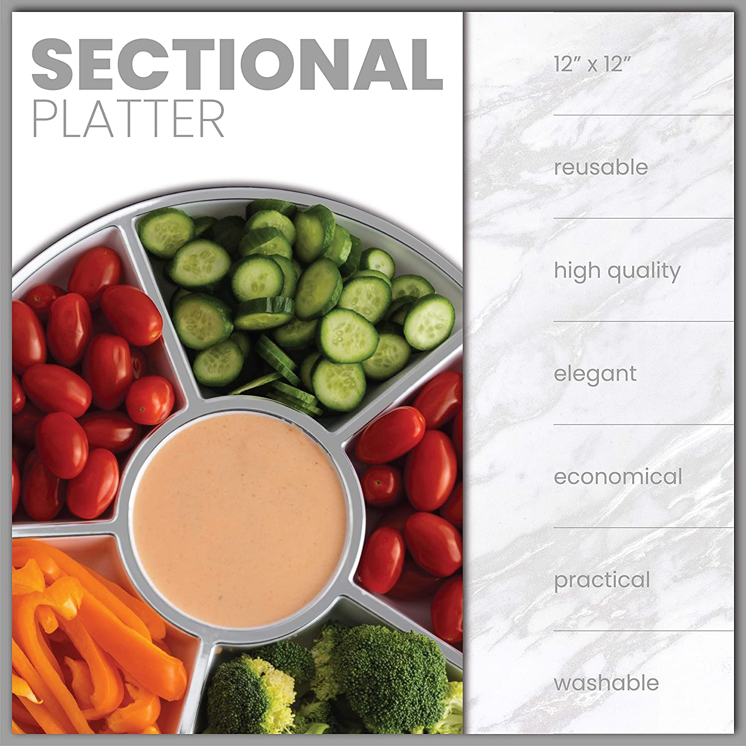 6 Sectional Round Plastic Serving Tray, Size: 12 inch, Color: White/Silver, Pack of 4