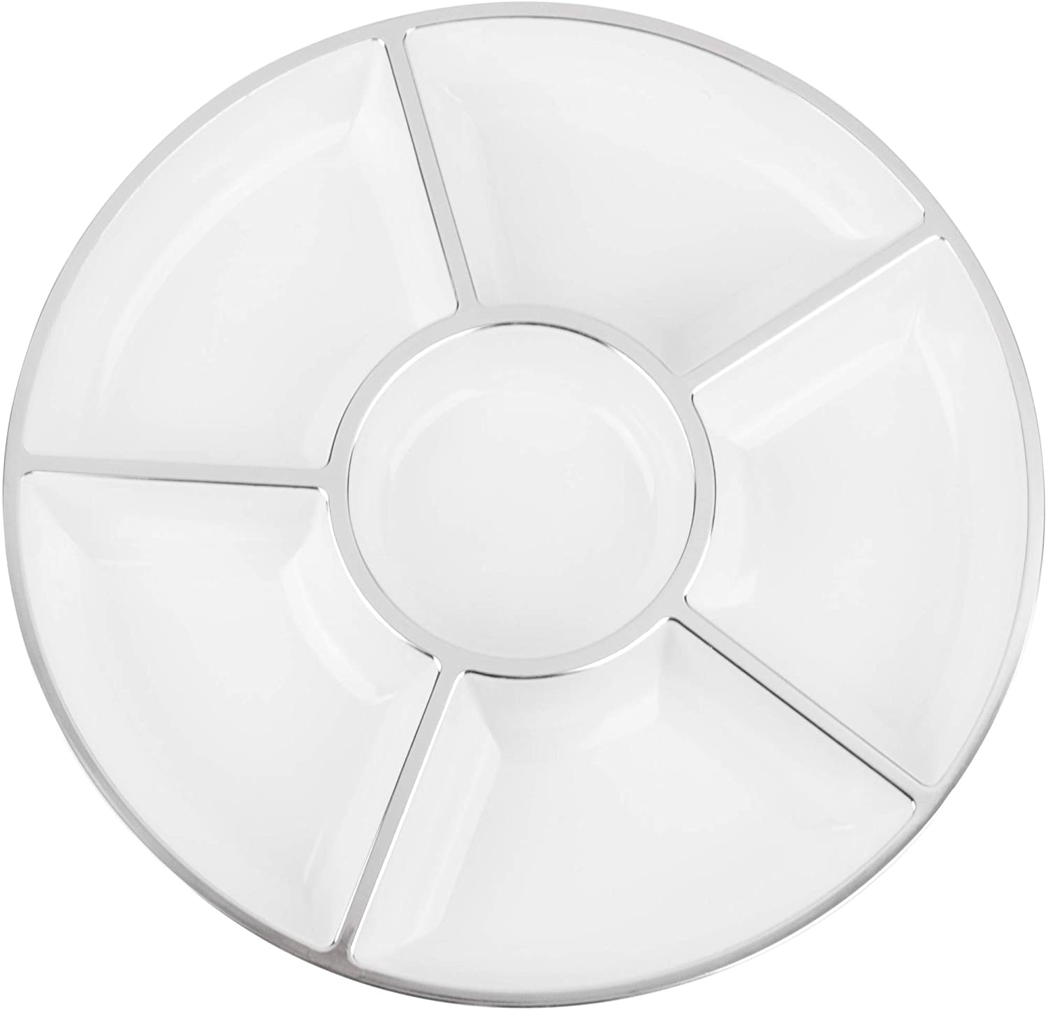 6 Sectional Round Plastic Serving Tray, Size: 12 inch, Color: White/Silver, Pack of 4