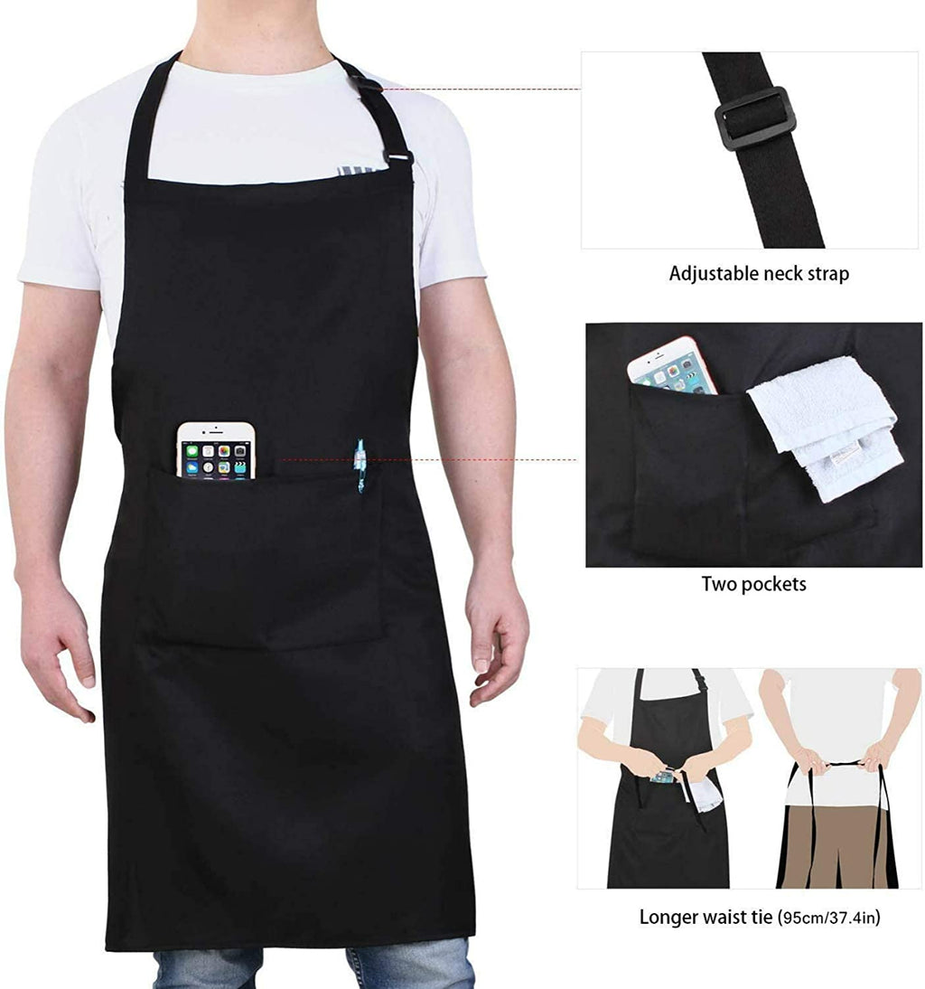 Adjustable Bib Aprons, Water Oil Stain Resistant Black Kitchen Chef Cooking Aprons with Pockets for Men Women (2 Pack)