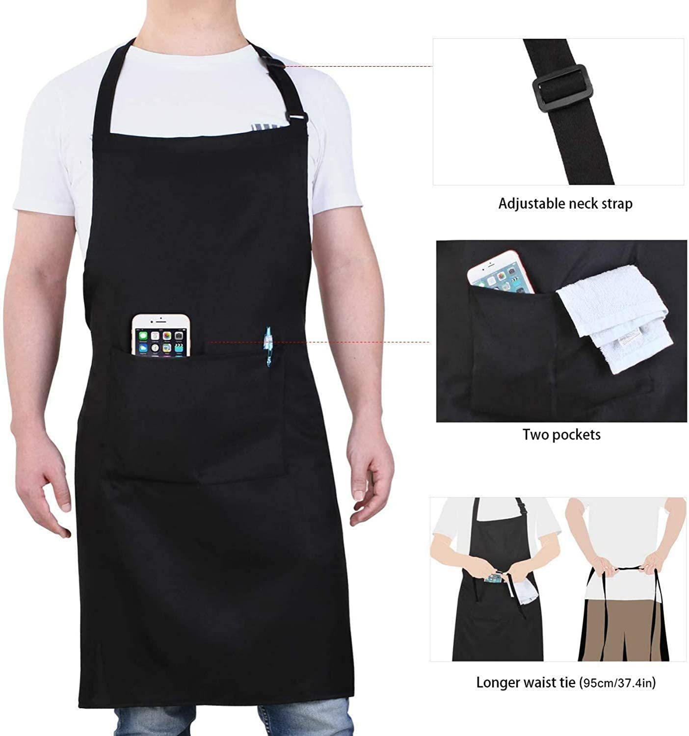 Adjustable Bib Aprons, Water Oil Stain Resistant Black Kitchen Chef Cooking Aprons with Pockets for Men Women (2 Pack)
