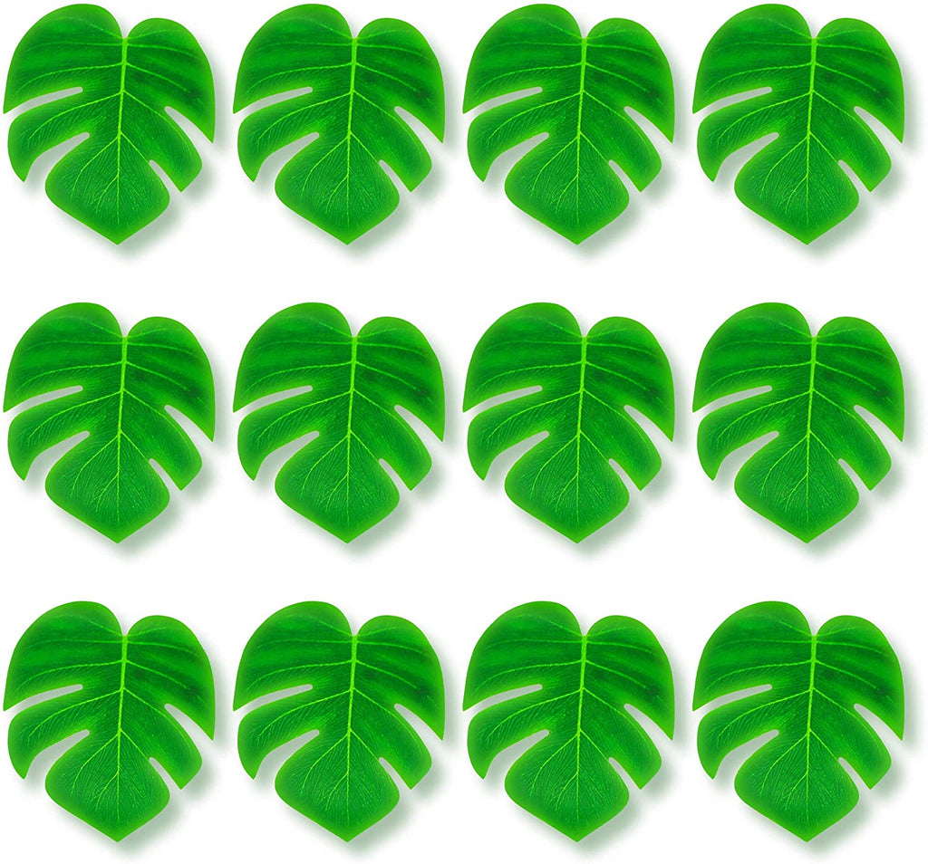 12 pc Tropical Green Leaves included 1 Hawaiian Luau Hibiscus Brown Table Skirt (9 ft)