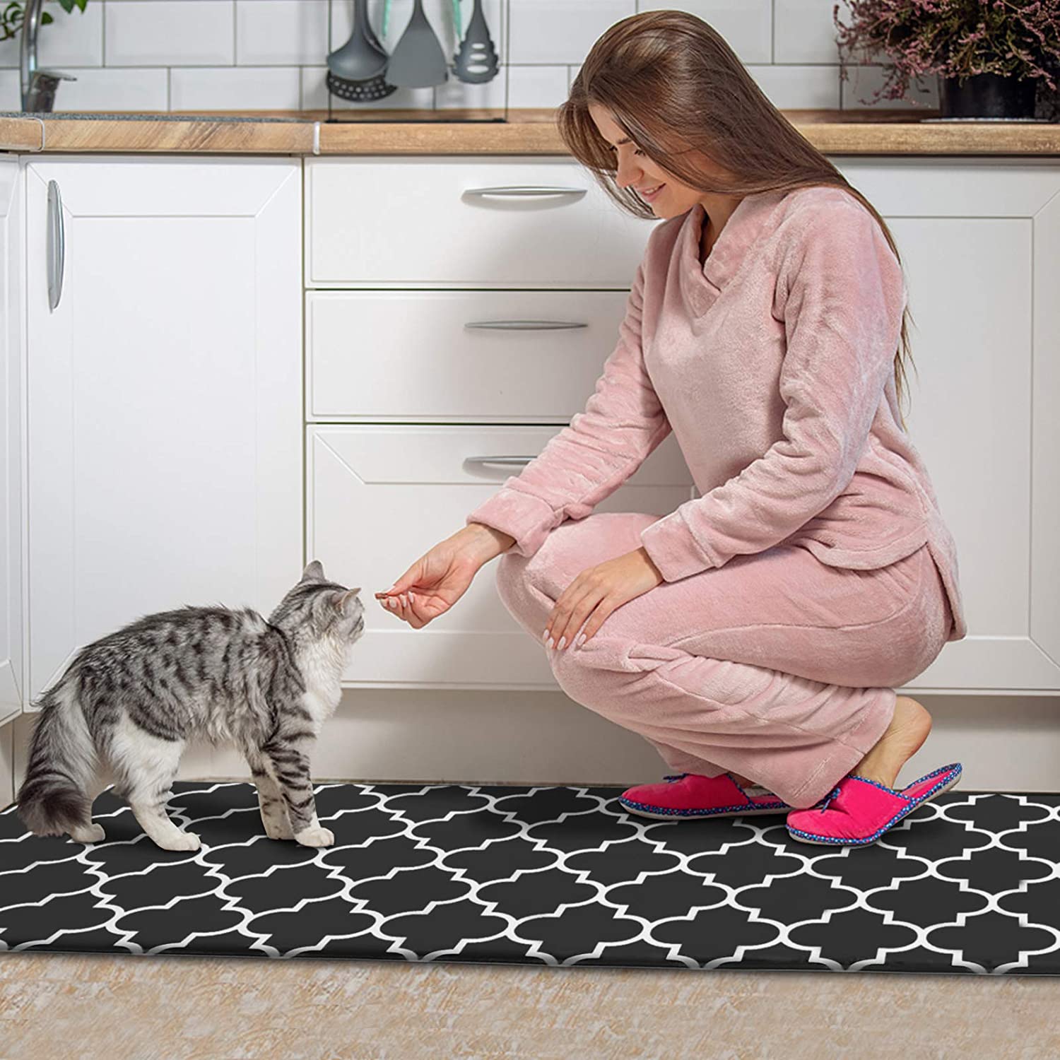 Kitchen Mat [2 PCS] Cushioned Anti-Fatigue Floor Mat, Waterproof Kitchen Mats and Rugs Heavy Duty PVC Ergonomic Comfort Standing Foam Mat for Kitchen, Floor Home, Office, Sink, Laundry,Black