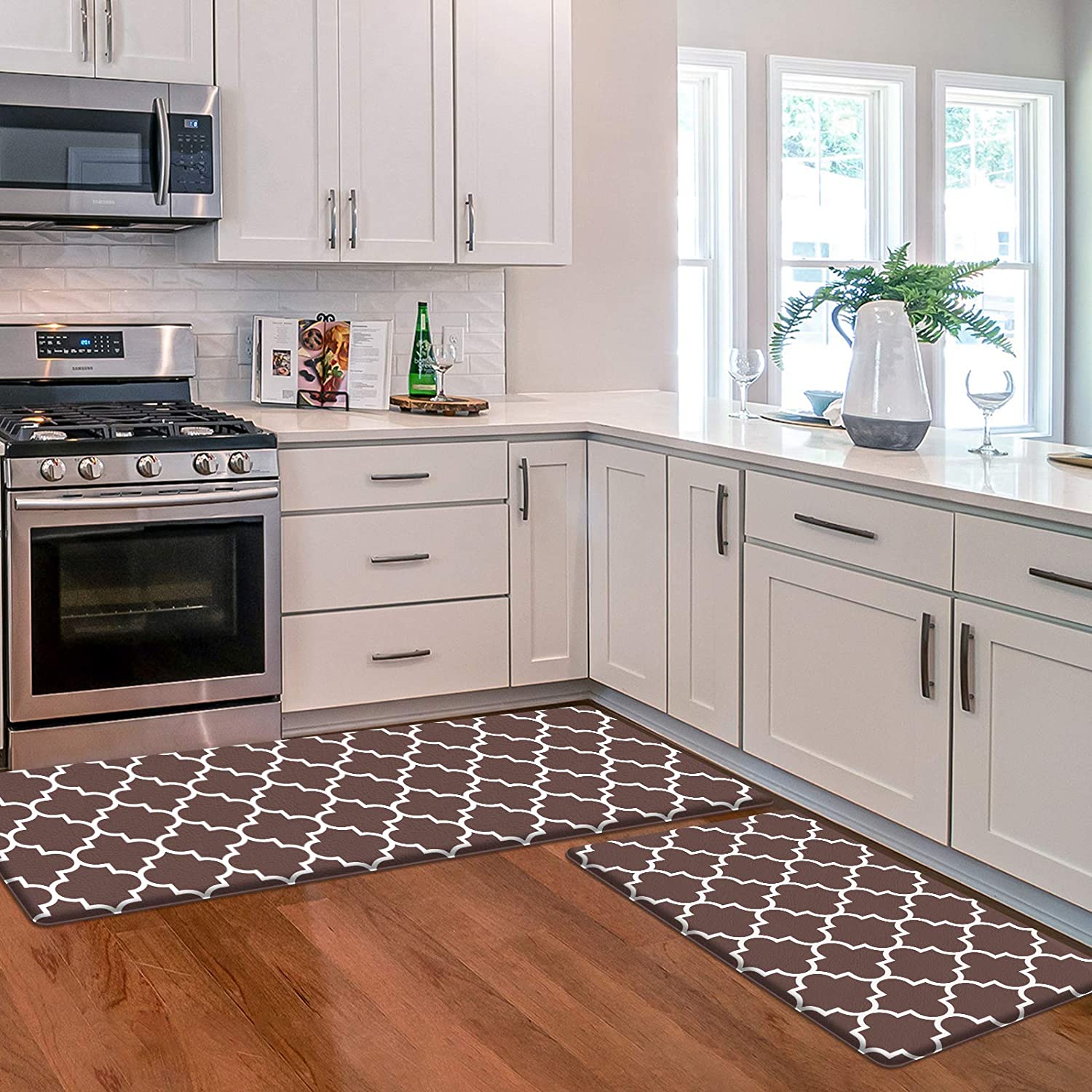Kitchen Mat [2 PCS] Cushioned Anti-Fatigue Kitchen Mats and Rugs, Waterproof Non-Slip Kitchen Rug Heavy Duty PVC Ergonomic Comfort Standing Foam Mat for Kitchen, Floor Home, Sink, Laundry,Brown