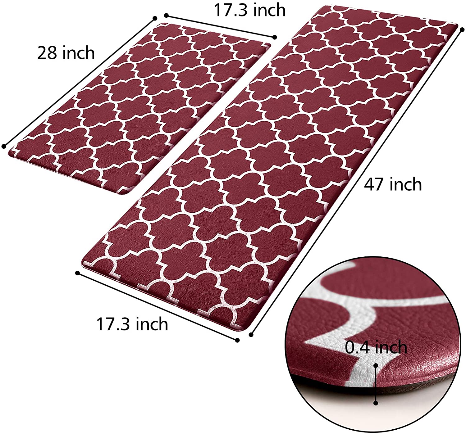 Kitchen Mat [2 PCS] Cushioned Anti-Fatigue Kitchen Rug, Waterproof Non-Slip Kitchen Mats and Rugs Heavy Duty PVC Ergonomic Comfort Standing Foam Mat for Kitchen, Office, Sink, Laundry,Red