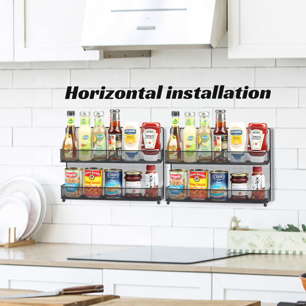 Wall Mount Spice Rack Organizer Mesh Seasoning Rack Hanging Spice Storage Holder for Door-Black-2 Pack 2 Tier