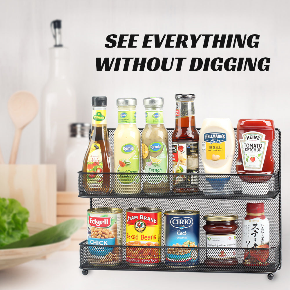 Wall Mount Spice Rack Organizer Mesh Seasoning Rack Hanging Spice Storage Holder for Door-Black-2 Pack 2 Tier