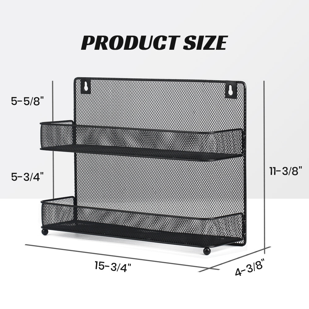 Wall Mount Spice Rack Organizer Mesh Seasoning Rack Hanging Spice Storage Holder for Door-Black-2 Pack 2 Tier